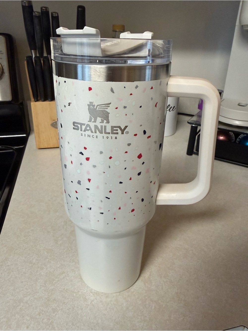 Stanley Cream Speckled Travel Mug with Red and Gray Flecks